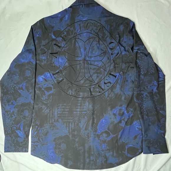 Affliction Blue and Black Skull Pattern Shirt - Picture 11 of 12